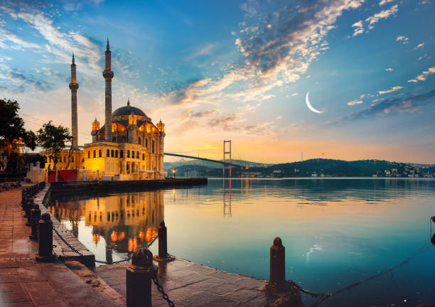 Ortakoy Mosque and Bosphorus bridge in Istanbul at sunrise, Turkey