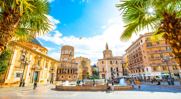 Valencia, Spain - 4 March, 2020: Panoramic view of Plaza de la Virgen (Square of Virgin Saint Mary) and old town