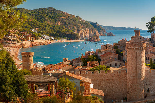 Aerial view of Fortress Vila Vella and Badia de Tossa bay at summer in Tossa de Mar on Costa Brava, Catalunya, Spain